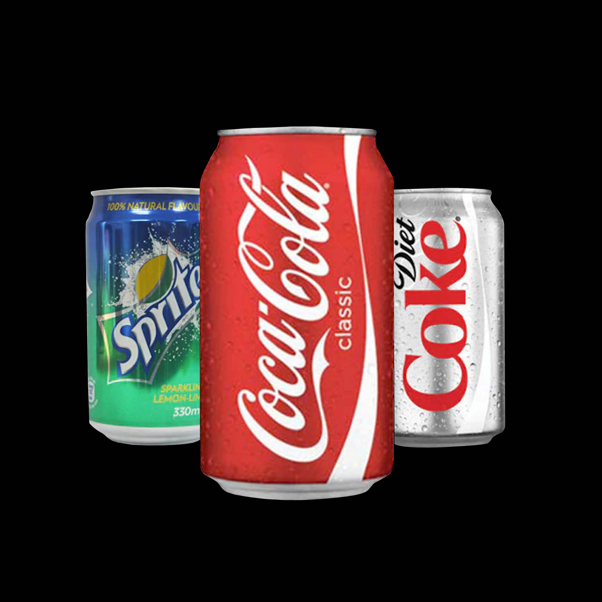 cans of sprite coke and diet coke