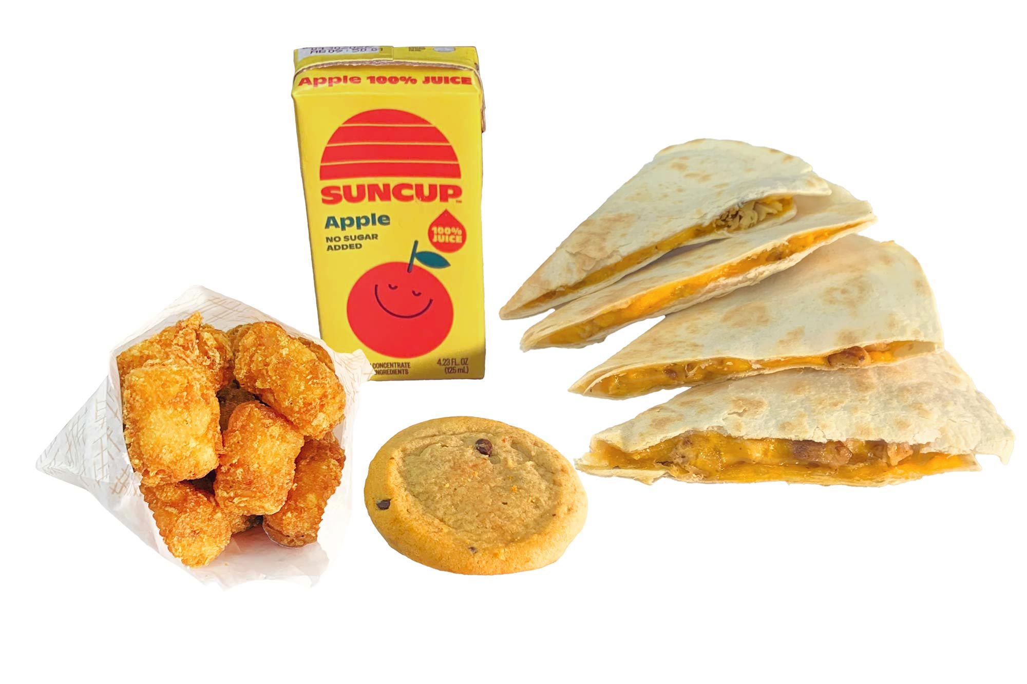 kids meal with drink tots cookie and quesadillas
